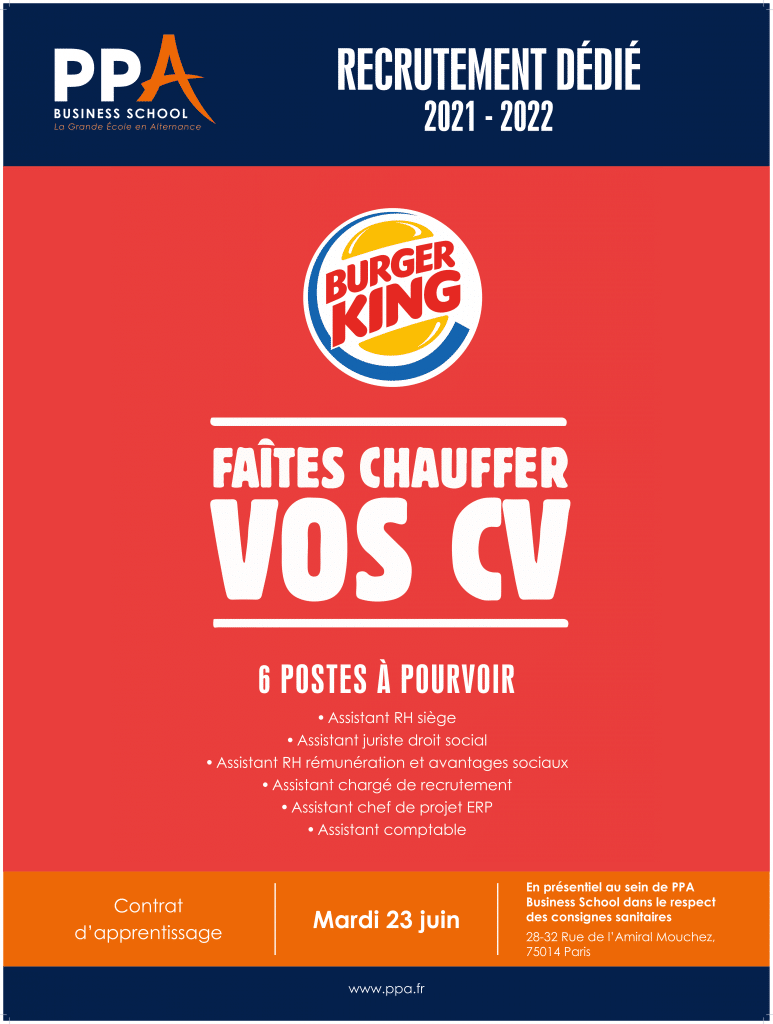 Affiche événement de recrutement Burger King avec PPA business school