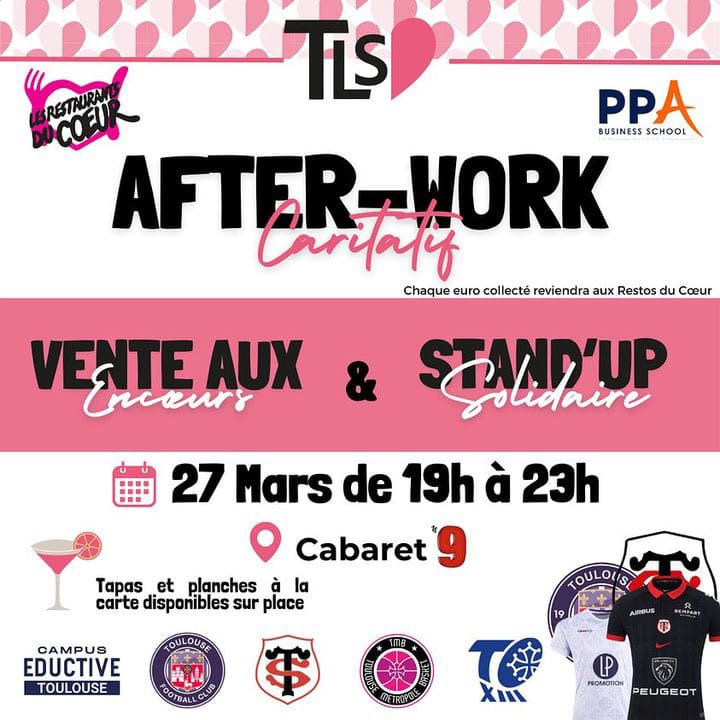 L'image décrit l'événement after-work caritatif. Le 27 mers de 19h à 23h aura lieu une vente aux enchères et un stand-up au cabaret 9